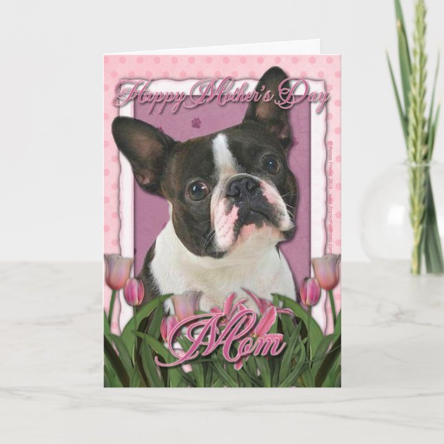 Carte Jour de mères - tulipes roses - Boston Terrier (Devant)