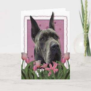 Carte Jour de mères - tulipes roses - great dane - gris