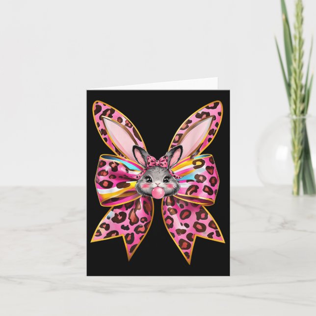 Carte Jour de Pâques Bunny Face Leopard Coquette Bow (Devant)