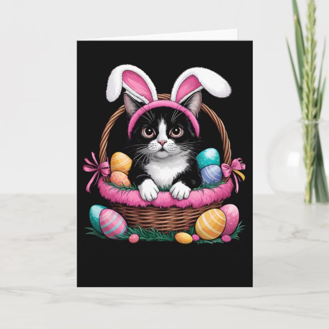 Carte Jour de Pâques Chat Lapin Oreilles Oeufs Graphique (Devant)