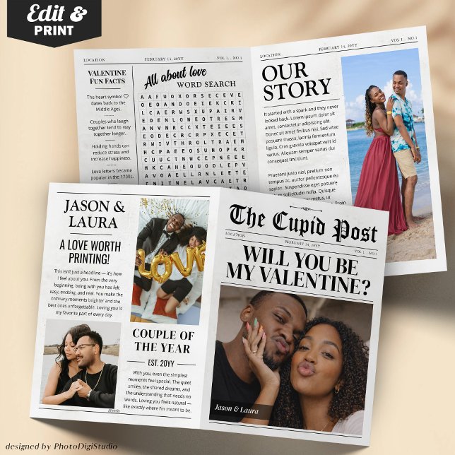 Carte Journal personnalisé 'Seras-tu ma Saint-Valentin'  (Custom Valentine’s Newspaper – Will You Be My Valentine 4-Page Card, Unique Valentines Day Newspaper)