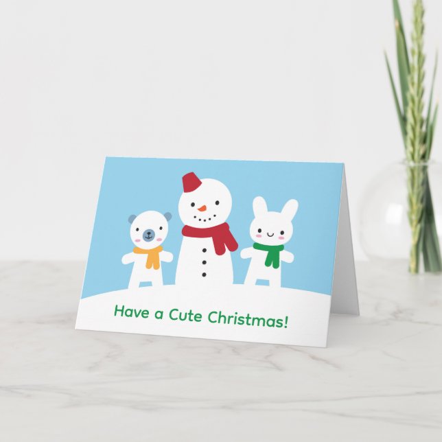 Carte Journée enneigée kawaii avec Noël de lapin et d'ou (Devant)