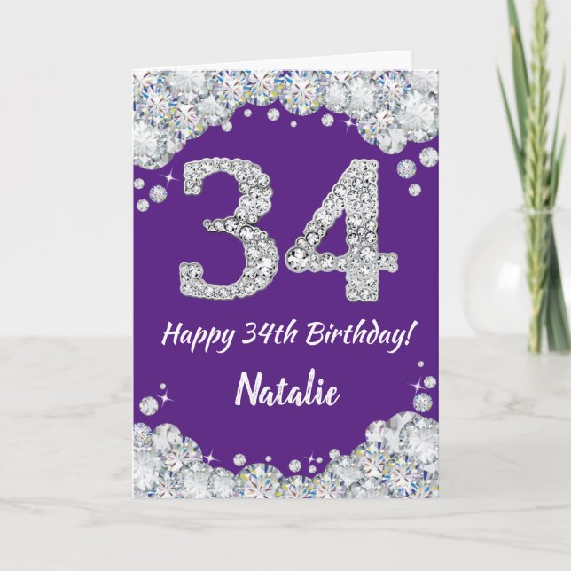 Carte Joyeuse 34e anniversaire Parties scintillant viole (Devant)