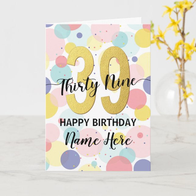 Carte Joyeuse 39e anniversaire Pastel Rainbow Gold Woman (Fleur jaune)