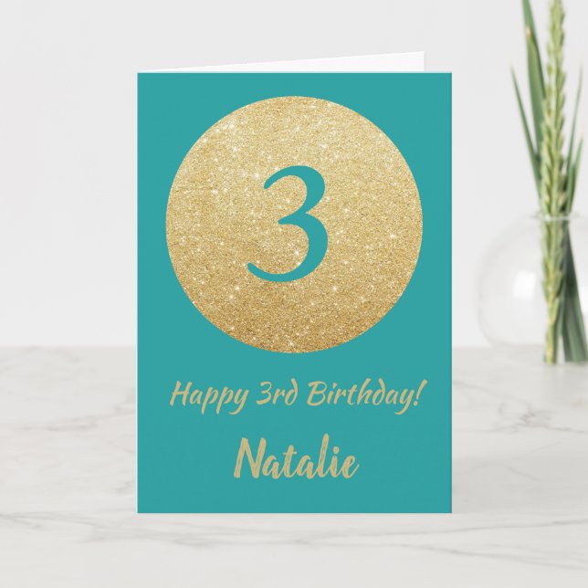 Carte Joyeuse 3e anniversaire Turquoise et Parties scint (Devant)