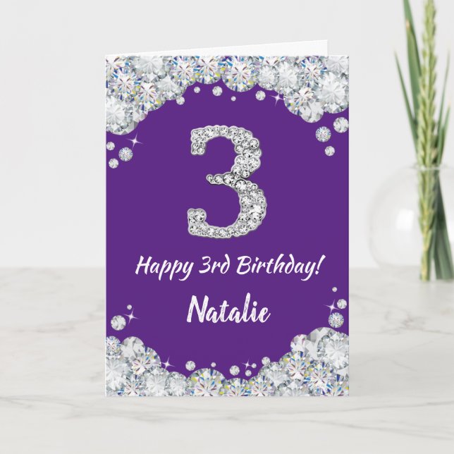 Carte Joyeuse 3e anniversaire violet et Parties scintill (Devant)