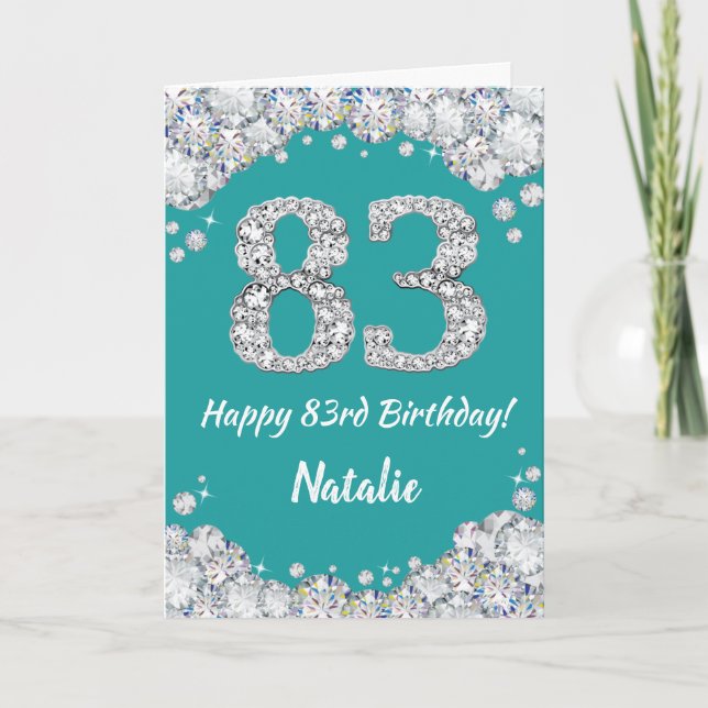 Carte Joyeuse 83e anniversaire Turquoise et Parties scin (Devant)
