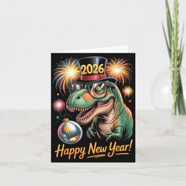 Carte Joyeuse Année 2026 Dinosaure Drôle T-rex Tee Pour  (Devant)