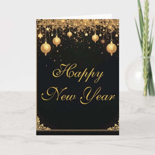Carte Joyeuse Année Élégante Noir & Or (Devant)