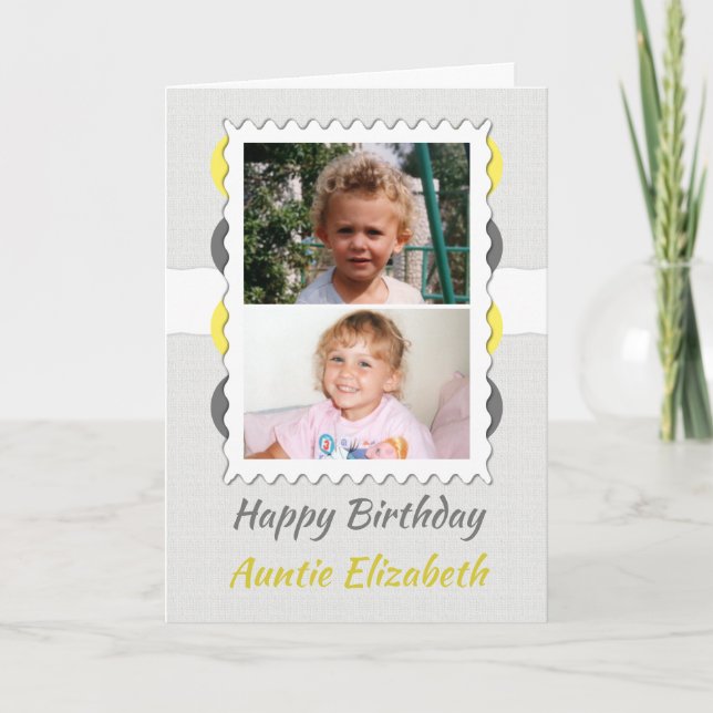 Carte Joyeuse Anniversaire Tante gris et jaune photo (Devant)