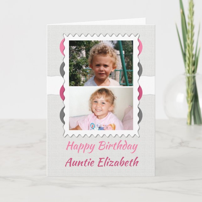Carte Joyeuse Anniversaire Tante gris et rose photo (Devant)