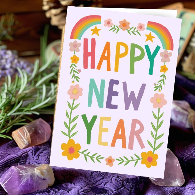 Carte Joyeuse Fantaisiste BONNE ANNÉE Handlettering (Cheerful Whimsical HAPPY NEW YEAR Rainbow Boho Floral Handlettering Greeting Card
)