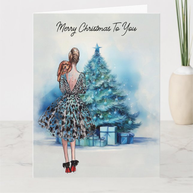 Carte Joyeuse femme de Noël et arbre de Noël bleu (Devant)
