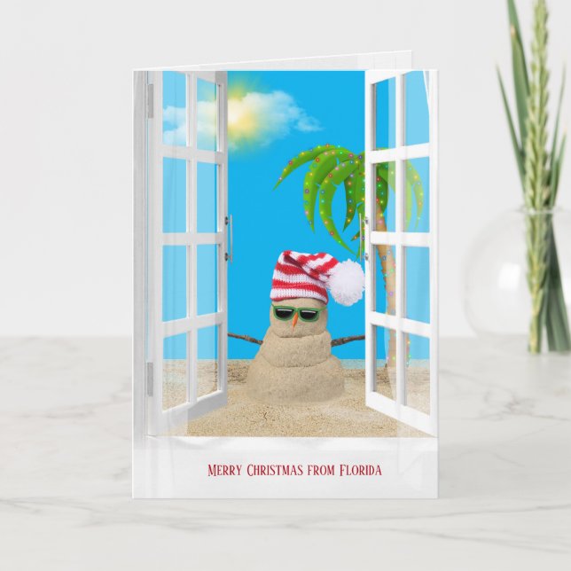 Carte Joyeuse fenêtre de Noël avec sandman tropical (Devant)