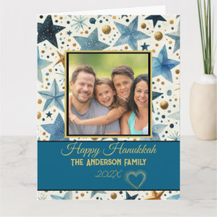 Carte Joyeuse fête de Hanouka en bleu et or élégant en f