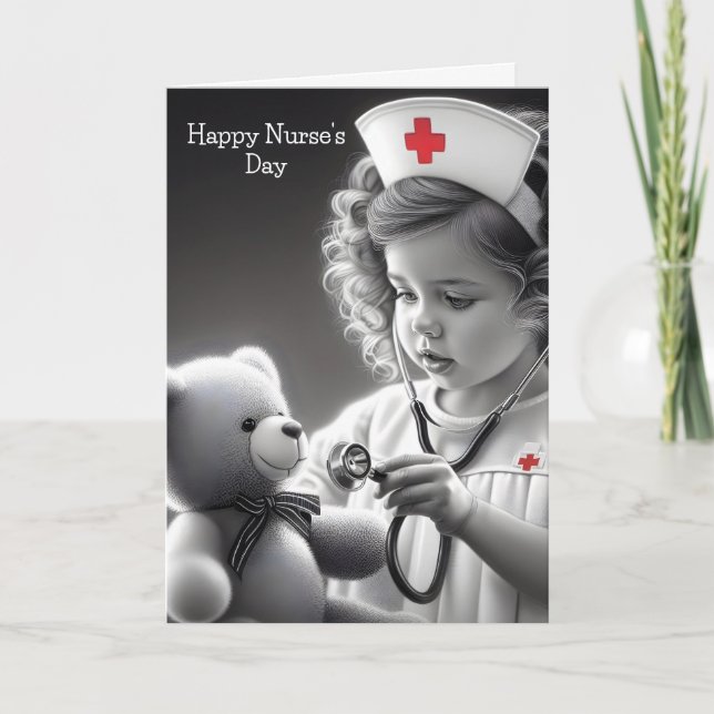 Carte Joyeuse Fête des Infirmières Infirmière avec ours  (Devant)
