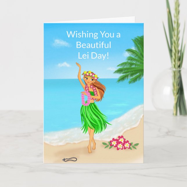 Carte Joyeuse Fête des Lei Hawaïenne Fille de Hula Plage (Devant)