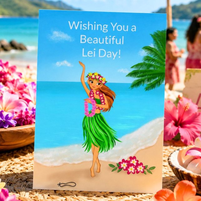 Carte Joyeuse Fête des Lei Hawaïenne Fille de Hula Plage (Créateur téléchargé)