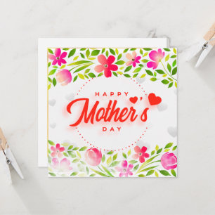 Carte Joyeuse Fête des Mères Aquarelle Fleurs Roses & Cœ