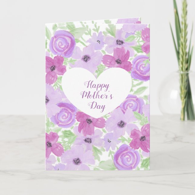 Carte Joyeuse Fête des Mères Aquarelle violet Floral (Devant)