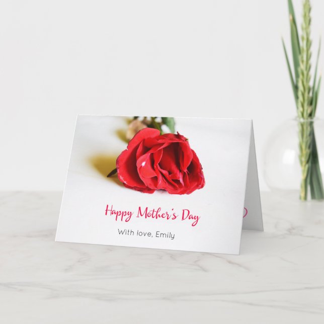 Carte Joyeuse fête des Mères avec une seule rose rouge (Devant)