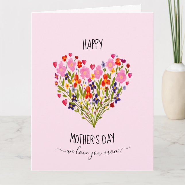 Carte "Joyeuse Fête des Mères" Cœur de fleur à l'aquarel (Devant)