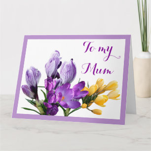 Carte Joyeuse Fête des Mères crocus floraux violets jaun