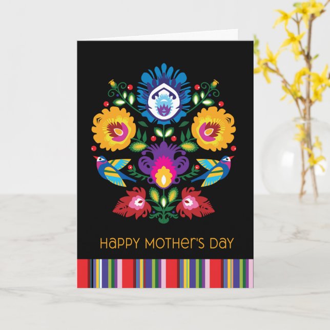 Carte Joyeuse fête des mères, Fleurs folkloriques Texte  (Fleur jaune)