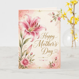 Carte Joyeuse Fête des Mères Lys Rose Floral Aquarelle
