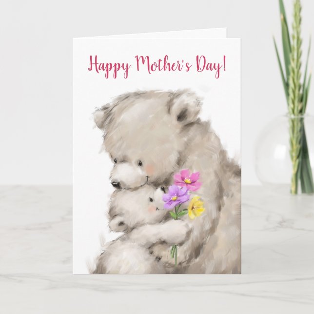 Carte Joyeuse fête des Mères, mère et ourson s'étreignen (Devant)