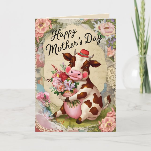 Carte Joyeuse Fête des Mères Retro Vintage Vache (Devant)