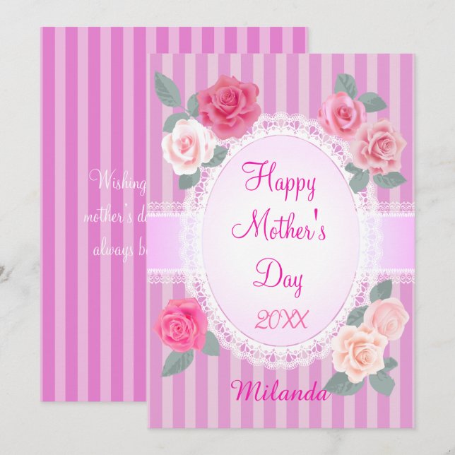 Carte Joyeuse Fête des Mères Roses Roses (Devant / Derrière)