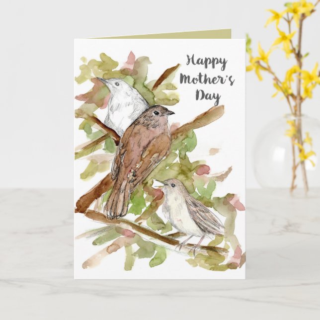Carte Joyeuse fête des mères Rossignols dans l'arbre  (Fleur jaune)