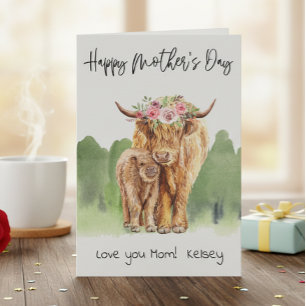 Carte Joyeuse fête des mères Vache et veau Highland