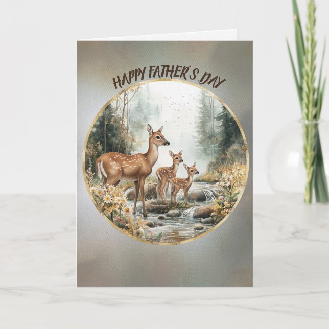 Carte Joyeuse fête des pères Biche et faons jumeaux dans (Devant)