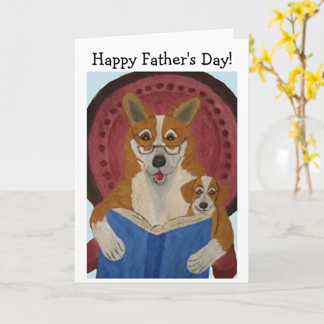 Carte Joyeuse fête des Pères Corgi lisant à son chiot (Fleur jaune)