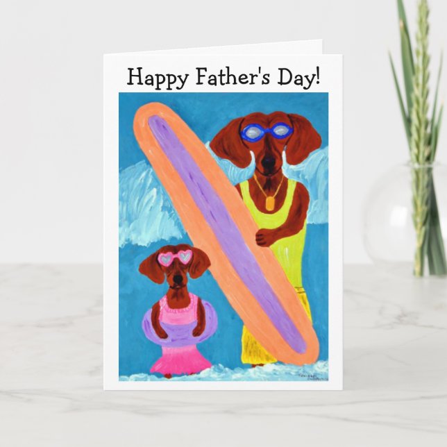 Carte Joyeuse Fête des Pères Dachshund Surfeur avec chio (Devant)