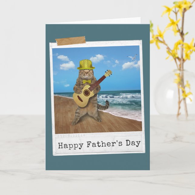 Carte Joyeuse Fête des Pères Guitar Cat (Fleur jaune)