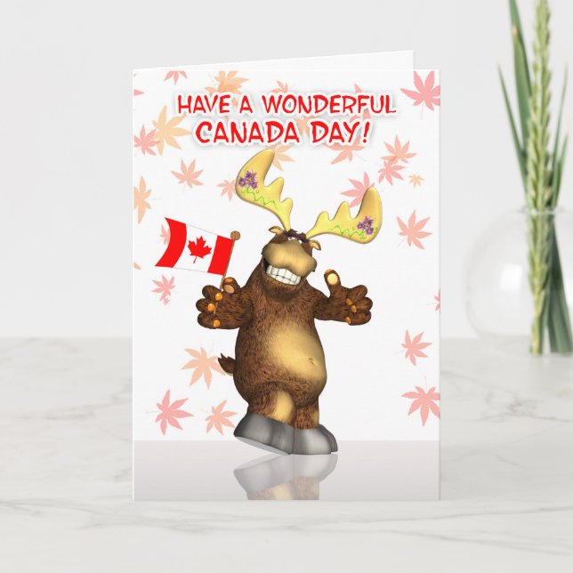 Carte Joyeuse fête du Canada avec l'orignal agitant le d (Devant)