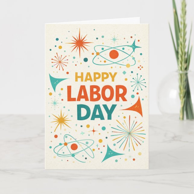 Carte Joyeuse fête du Travail rétro atomique (Devant)
