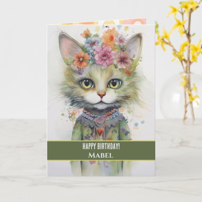 Carte Joyeuse fille d'anniversaire Green Chat larges yeu (Fleur jaune)