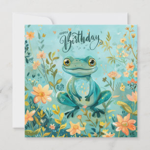 Carte Joyeuse Grenouille mignonne d'anniversaire avec fl