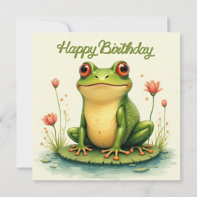 Carte Joyeuse grenouille verte et fleurs d'anniversaire (Devant)
