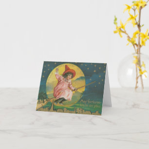 Carte Joyeuse Halloween Sorcière Rose sur Balai Vintage