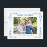 Carte Joyeuse Hanoukka Flat Photo Holiday<br><div class="desc">Bonne carte Hanoukka Flat Photo Holiday Card. Carte de voeux photo de vacances plat. L'image montrée n'est à des fins d'illustration que pour être remplacée par votre propre photo. Le dos de la carte comprend du texte supplémentaire qui peut être facilement personnalisé avec un message personnalisé.</div>