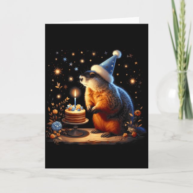 Carte Joyeuse journée de la marmotte avec gâteau d'anniv (Devant)