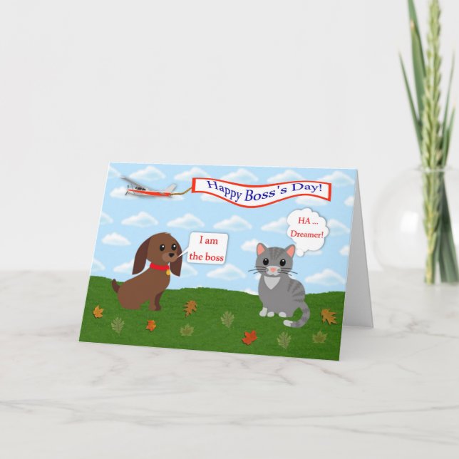 Carte Joyeuse Journée des Boss avec bannière chat, chien (Devant)