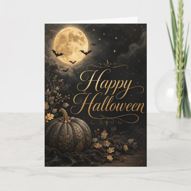 Carte Joyeuse Lune de Halloween Citrouille (Devant)