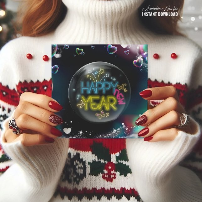 Carte Joyeuse nouvelle année élégante neon noir CARD (Créateur téléchargé)