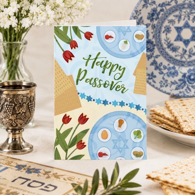 Carte Joyeuse Pâque Élégante Assiette de Seder Florale & (Créateur téléchargé)